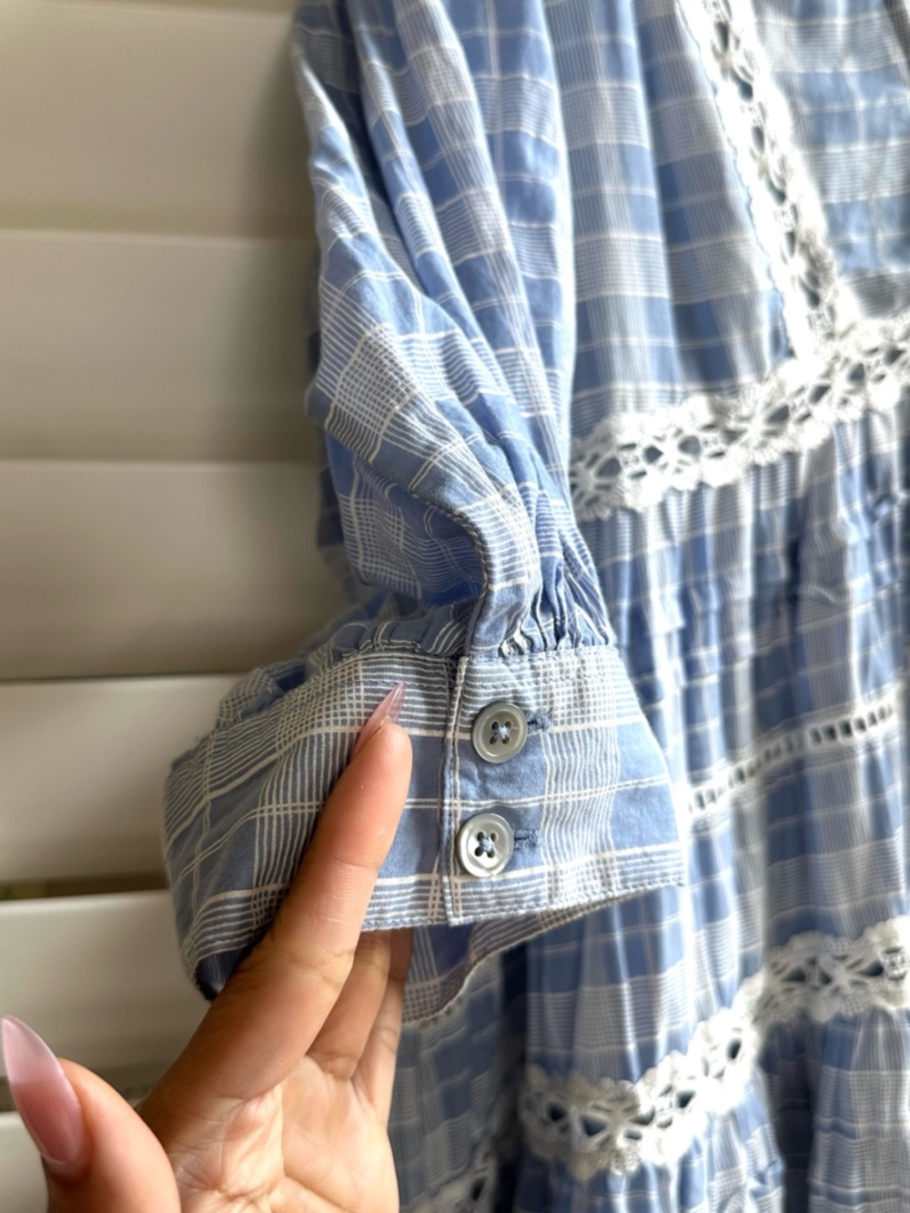 FREE PEOPLE Light Blue Plaid Lace Trim Babydoll Tunic Dress Size-L - Picture 12 of 13